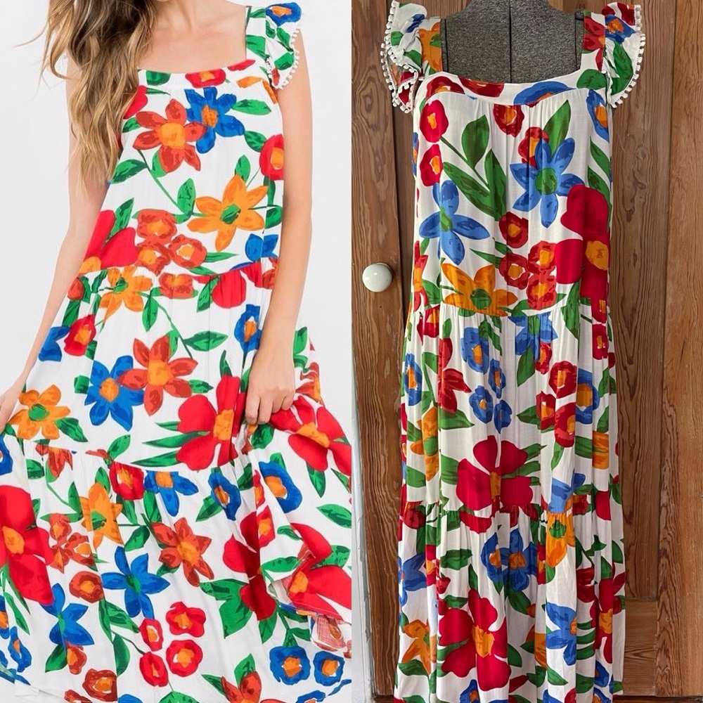 THML Floral Maxi Dress - Red, Blue, Orange